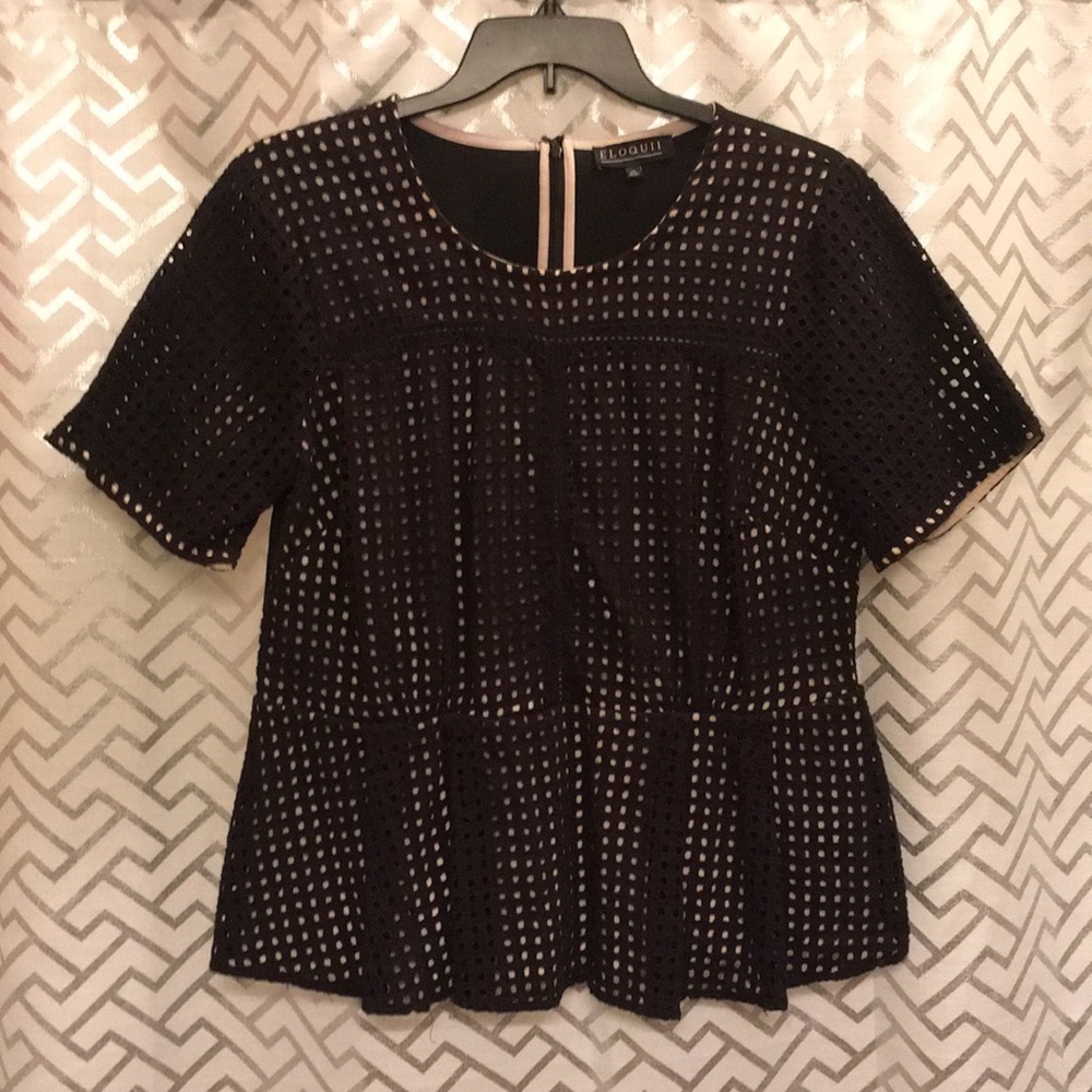 Black Eyelet Peplum Top with Nude Underlay